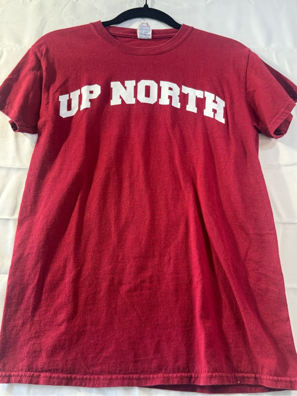 Small Unisex Red  'UP NORTH' Graphic Tee with White Lettering